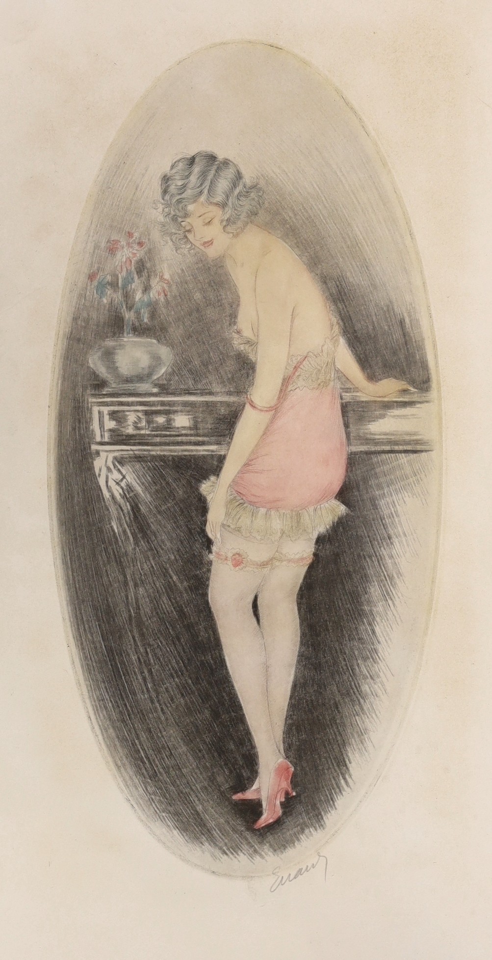 Manner of Louis Icart, two coloured drypoint etchings, Young women undressing, signed in pencil, overall 44 x 28cm